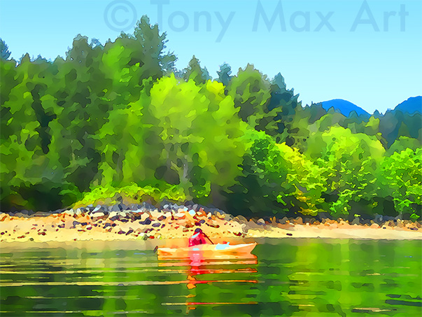 "Beach Kayaking 1" –  British Colubia coastal art prints by painter Tony Max