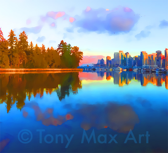"Coal Harbour Sunset – Almost Square" – Vancouver art by Tony Max