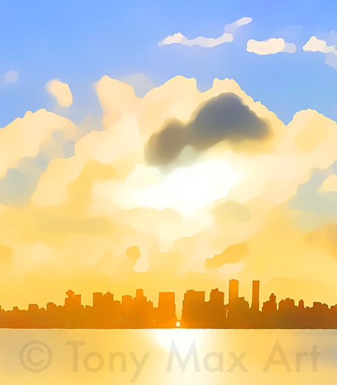 "Vancouver Skyline – Golden Afternoon" - Vancouver. art prints by painter Tony Max