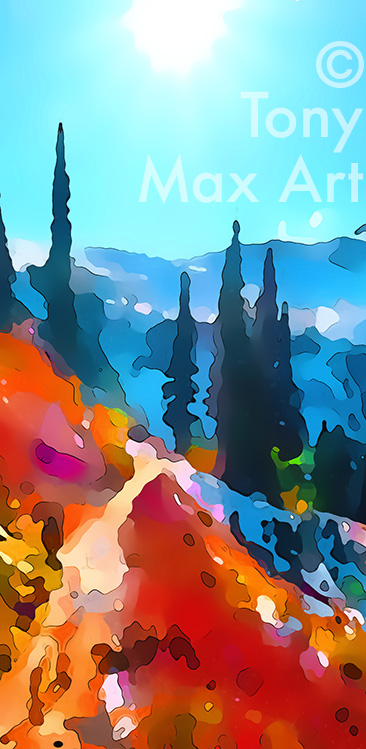 "Alpine Trail in Fall – Tall".  Museum-quality, archival, original, limited edition, signed and numbered, mixed media inkjet canvas art prints of British Columbia by painter Tony Max.