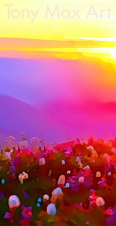 "Alpine Wildflower Meadow – Very Vertical" – mountain art by painter-artist Tony Max