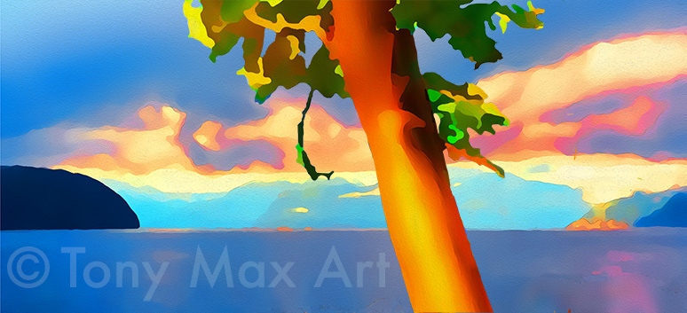 "Arbutus – Hewe Sound – Panroama" –British Columbia wall art by artist Tony Max