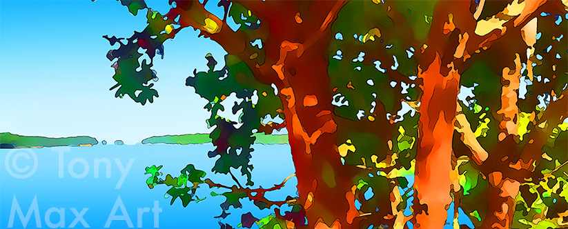 "Arbutus Viewpoint 1 – Panorama".  Madrona art by painter Tony Max