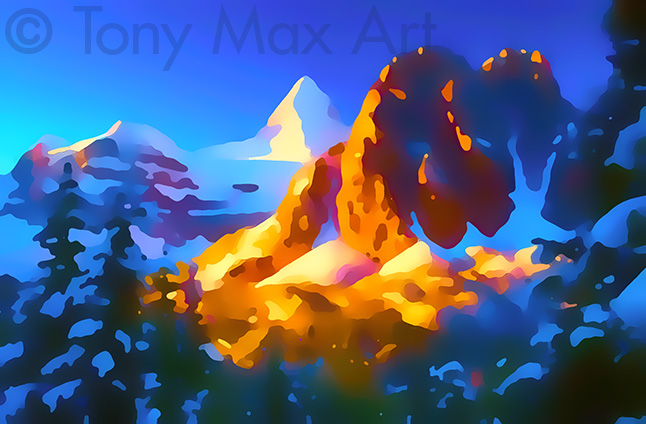 "Assinaboine and Sunburst Closeup" - BC art prints by artist Tony Max