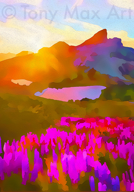 "Black Tusk – Backlit With Lupines – Vertical" British Columbia by artist Tony Max
