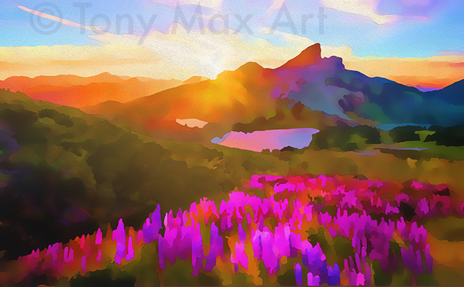 "Black Tusk – Backlit With Lupines – Horizontal" – British Columbia art by Tony Max