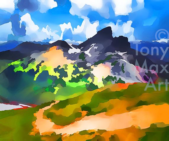 "Black Tusk – Shifting Light With Trail" – British Columbia art by painter artist Tony Max