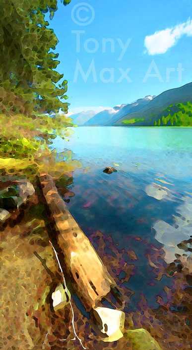 Cheakamus Lake – Shore Log - BC Art Prints by artist Tony Max