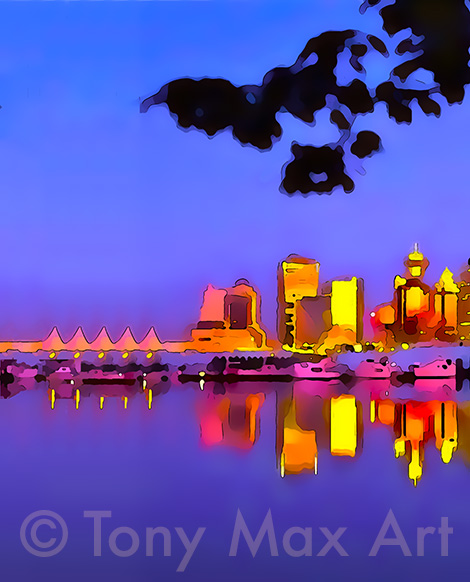 "Coal Harbour Sundown – Vertical" – Vancouver paintings by painter Tony Max