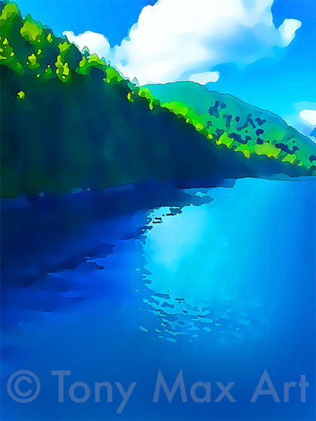 "Coastal Vista 14 – Blue Reflections – Vertical" –  B. C. coastal art prints by artist Tony Max
