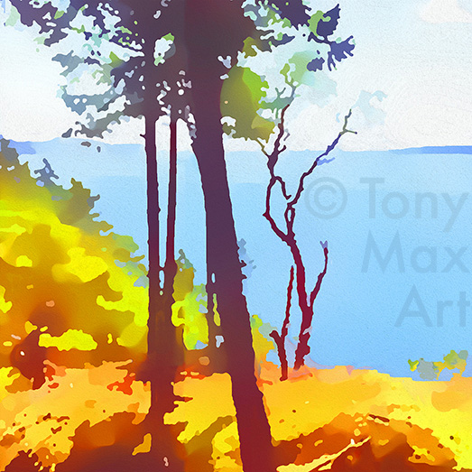 "Coastal Vista 1 – Central Trees – Square" – B. C. coastal art by artist Tony Max