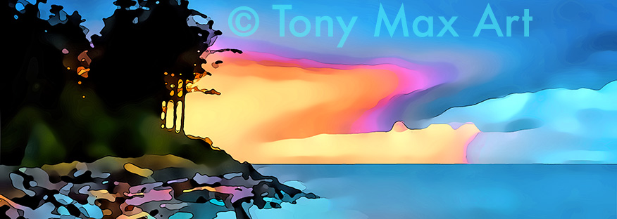 "Coastal Vista 112 – Panorama" – British Columbia coast paintings by artist Tony Max