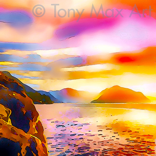 "Coastal Vista 31 – Square" – B. C. coastal art by painter Tony Max