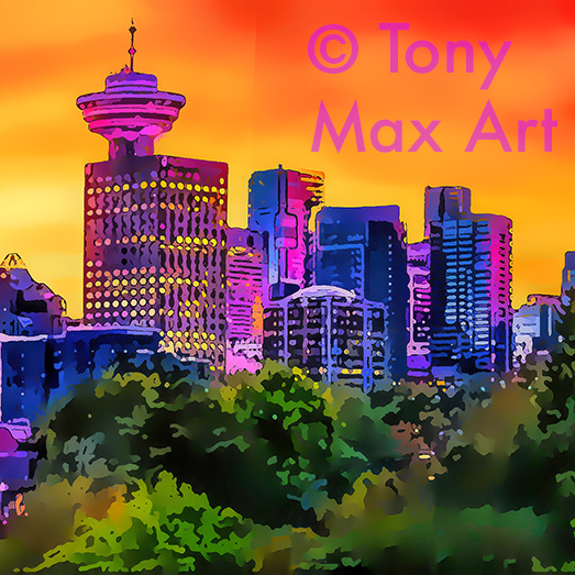 "Downtown with Orange Sky &ndash; Square" - Vancouver art prints by artist Tony Max
