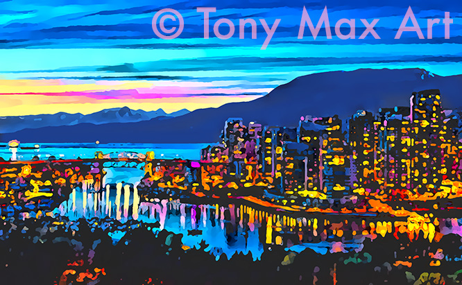 "False Creek _ Evening Lights" &ndash; Vancouver paintings by artist Tony Ma