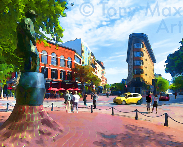 "Gassy Jack and Flatiron" - Gastown art prints by Tony Max