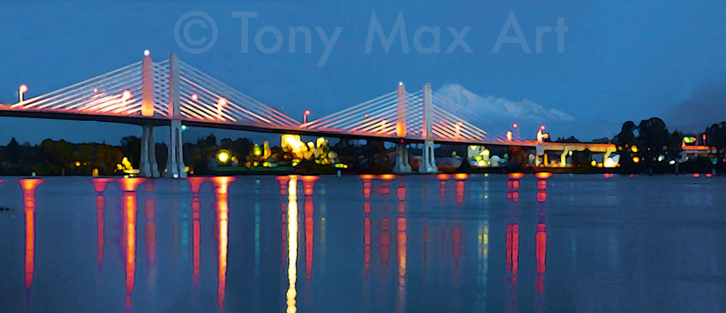 Golden Ears Bridge and Mount Baker – Fraser Valley art prints by artist Tony Max