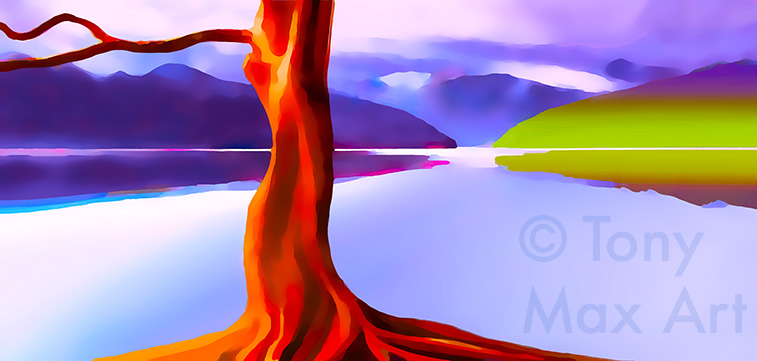 "Lone Arbutus – Calm Inlet – Panorama" – British Columb art by Canadian painter Tony Max