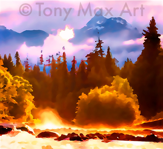 "Misty Moutain Creek"  - B. C. art prints by art legend Tony Max