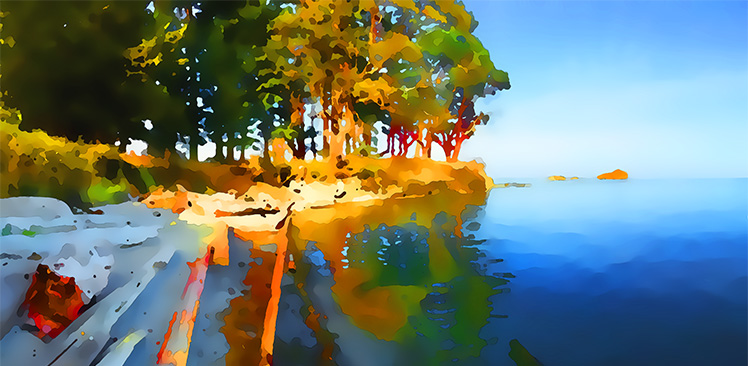 "Morning Beach – Overview Long" – British Columbia coastal art by artist Tony Max