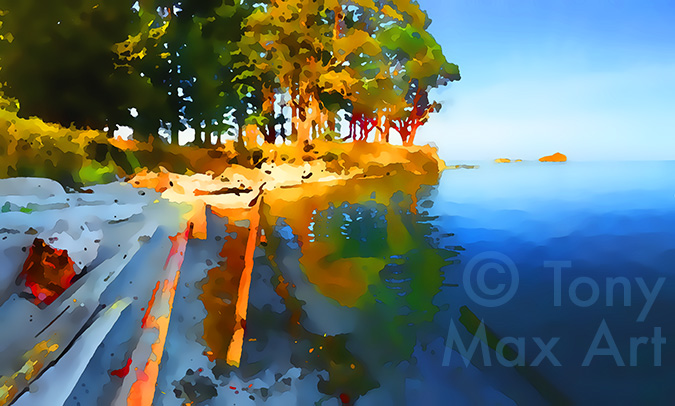 "Morning Beach – Overview Tall" – British Colubia coast art by Tony Max