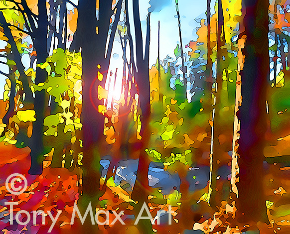 "Mosquito Creek in Fall – Horizontal" – visual art by printmaker Tony Max