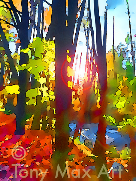 "Mosquito Creek in Fall – Tall" – British Columbia painting by painter Tony Max