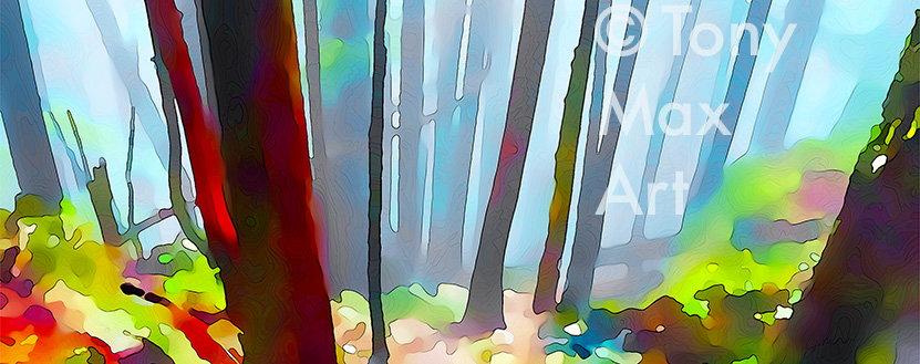 "Mountain Forest Stream – Panoramal" – Canadian landscape art by painter Tony Max