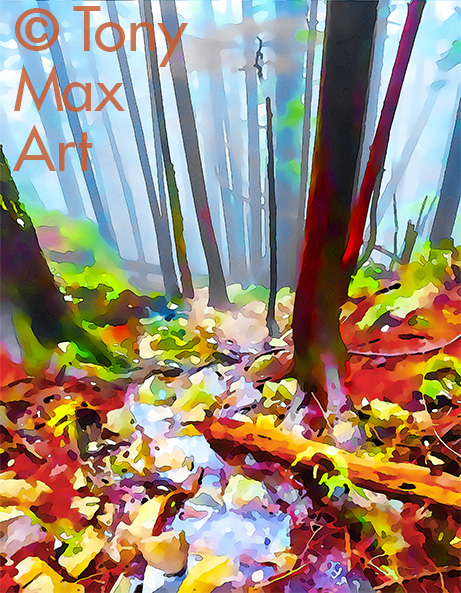 "Mountain Forest Stream – Vertical" – art of British Columbia by painter Tony Max