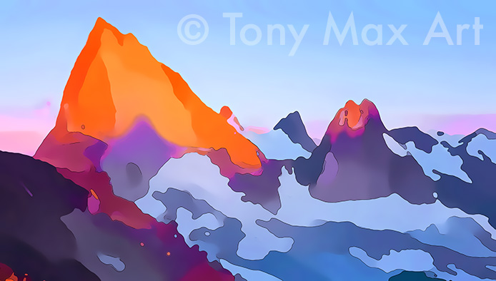 "Mountain Grandeur 71" – B. C. alpine art paintings by painter and printmaker Tony Max