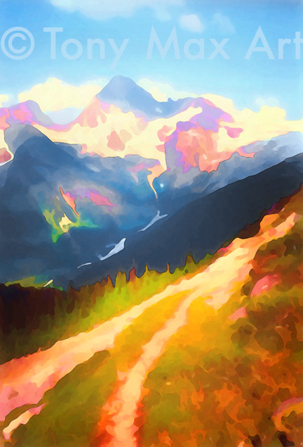"Near the Snow Line – Vertical" – Canadian mountain art by painter Tony Max