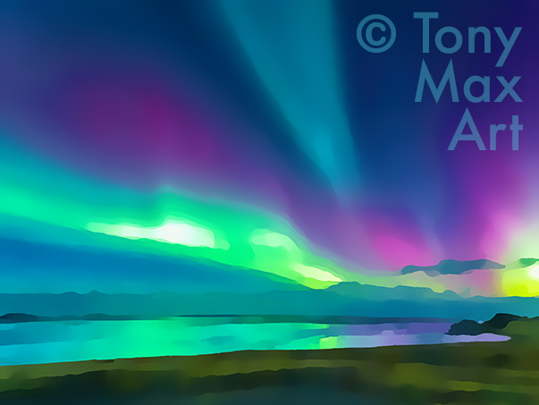 "Northern Lights 6 – Horizontal" – auroa borealis paintings by artist Tony Max