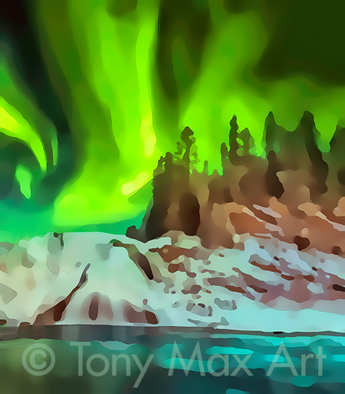 "Northern Lights With Moonlight – Tall" - B. C. art by artist Tony Max