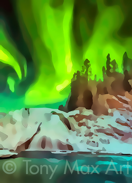 "Northern Lights With Moonlight – Very Tall" – Canadian marine paintings by artist Tony Max