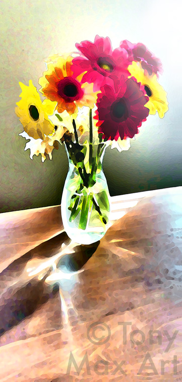 Daisies and Dahlias – Play of Light – Still life art by Tony Max