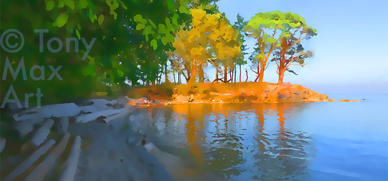 "Sun-Tipped Cove - Mid-Width" –  Painting of British Columbia coast by Tony Max