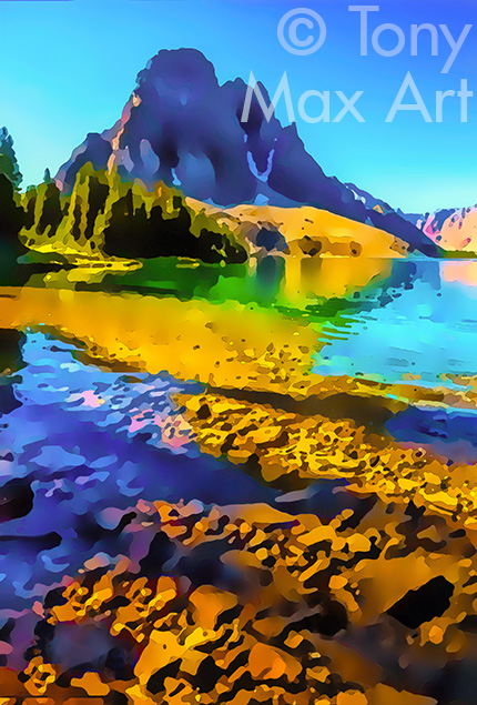 "Sunburst Peaks and Lake – Vertical" –  East Kootenay art by Tony Max