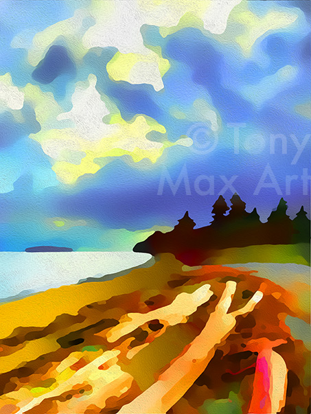 "Sunlit Driftwwod – Vertical" –  British Columbia art prints by artist Tony Max