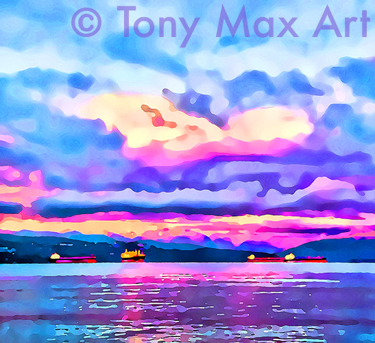 "Vancouver Freighters – Overview – Almost Square"- Vancouver art by artist Tony Max