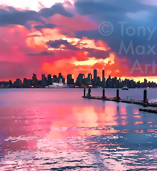 "Vancouver Skyine Sunset" Vancouver art prints by artist Tony Max