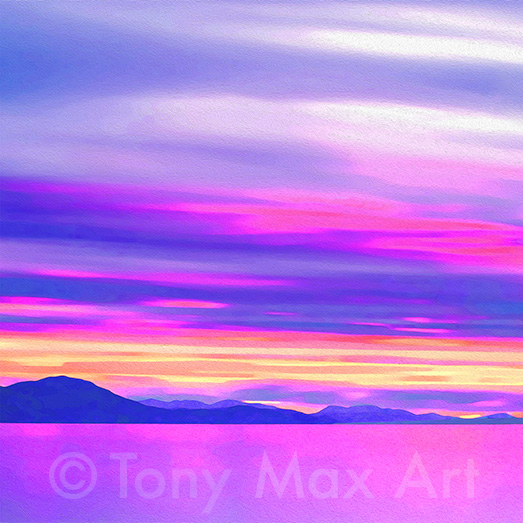"West Coast – Illuminated Overview Square" – B. C. coastal art by legendary Canadian painter Tony Max