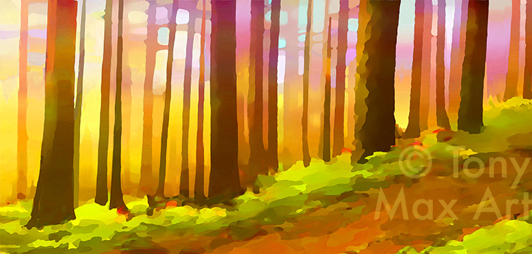 "Western Woods Trail – Panorama" – nature art by painter Tony Max