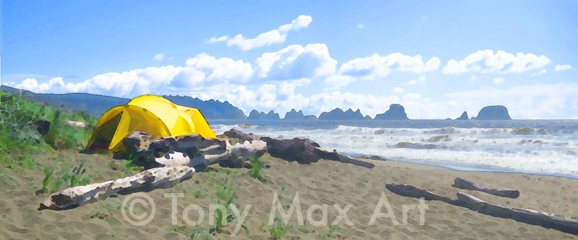 Wild Seacoast Camp - West coast art prints by artist Tony Max
