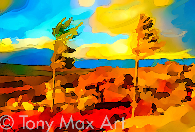 "Windblown Pines 1 – Horizontal" –  classic Canadian landscape paintings by Tony Max