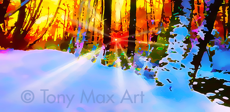 "Winter Creek 1 – Panorama".  Landscape art by printmaker Tony Max.